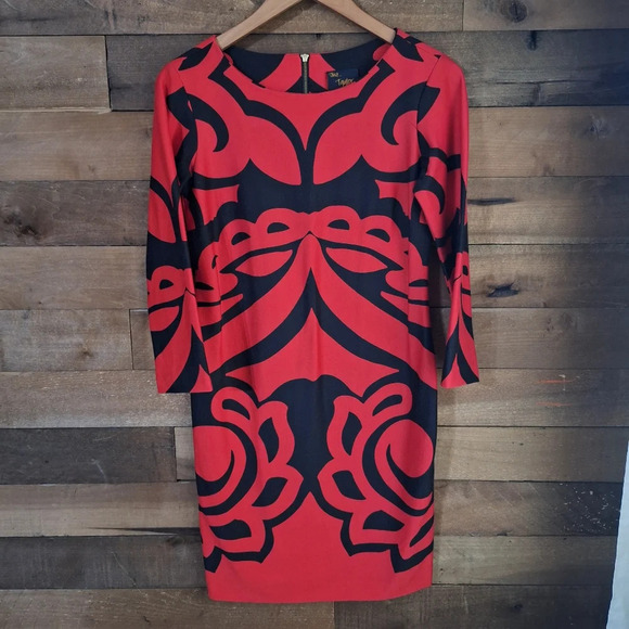 JUST TAYLOR  Red & Black Geometric Print Dress SZ 4 - Picture 1 of 9